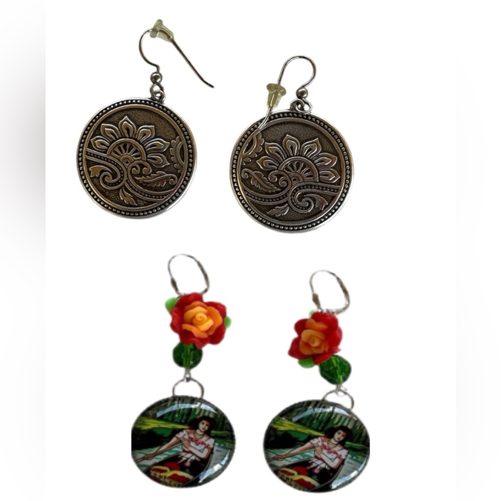 Circle Round Floral Textured Design & La Chalupa Mexican Lottery 2 Pr. Earrings